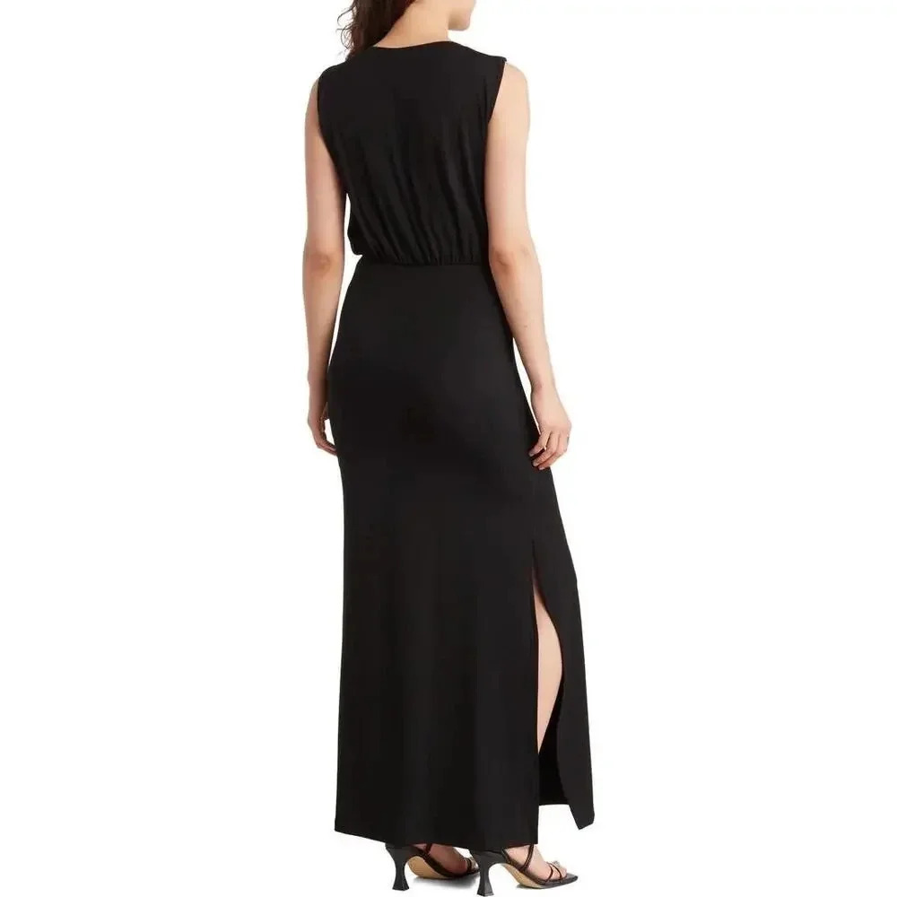 Go Couture Blouson Jersey Knit Navy Blue Maxi‎ Dress Women's L NWOT - Picture 2 of 10